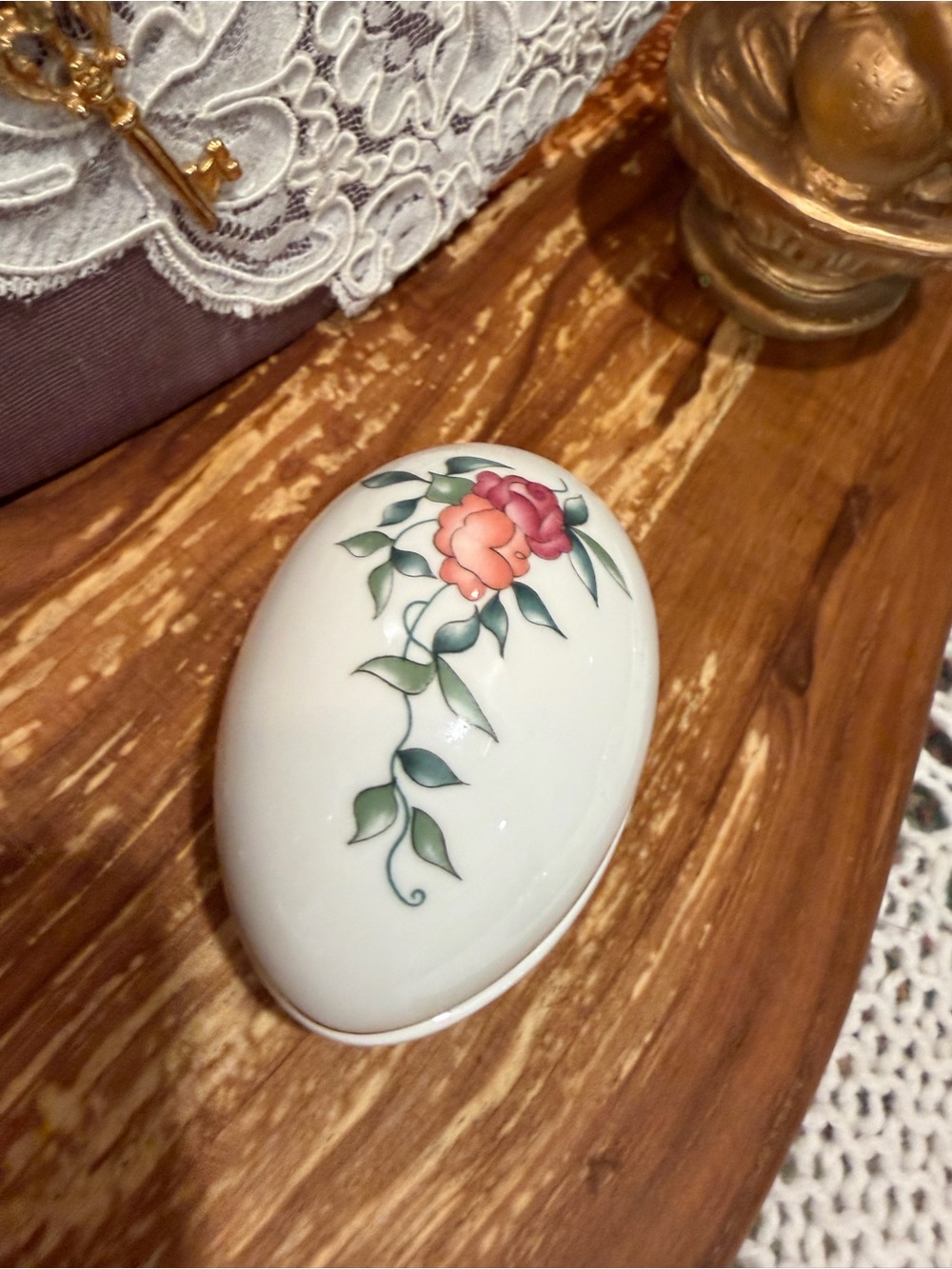 Wedgewood Oval Porcelain Trinket Box with Pink Rose Motif